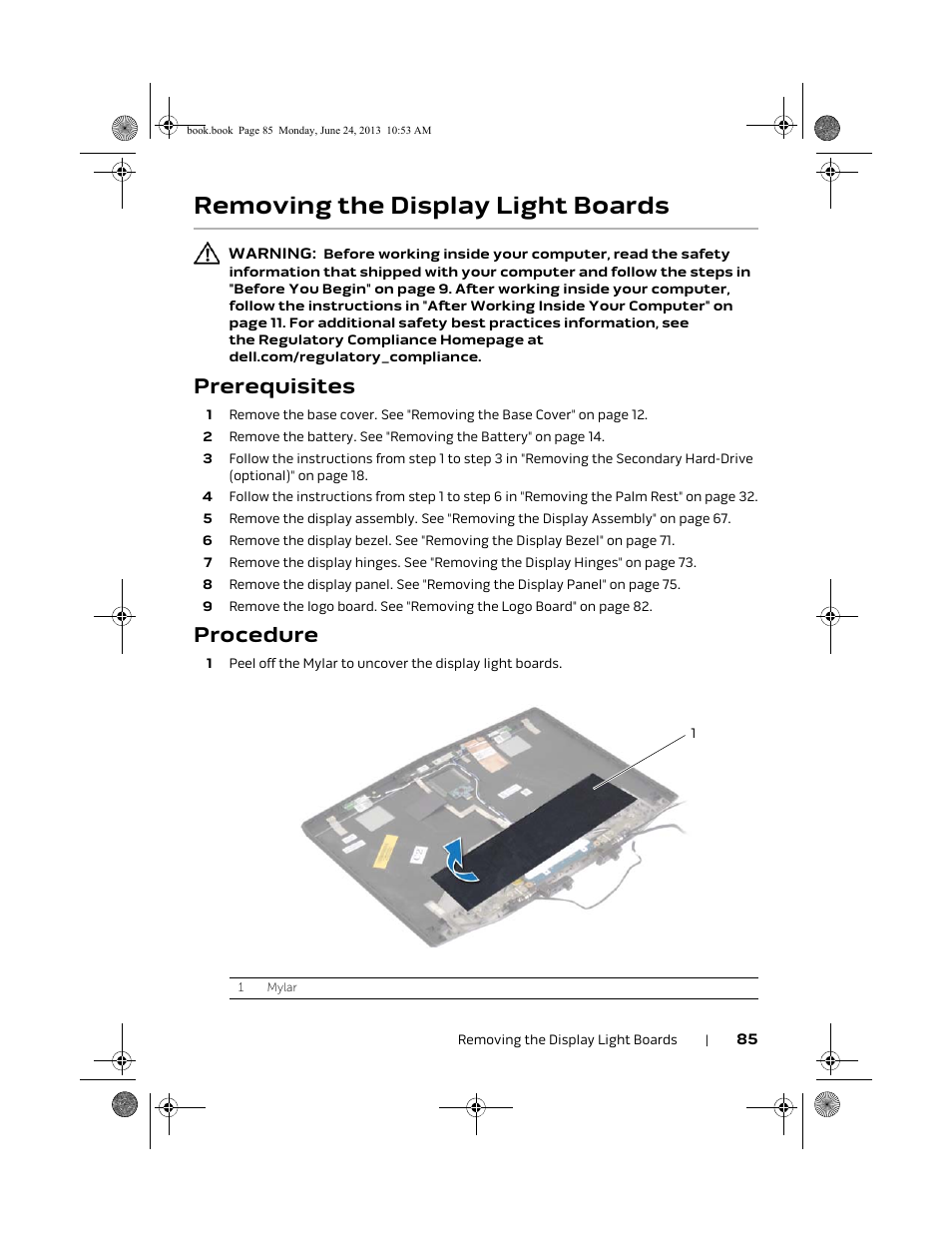 Removing the display light boards, Prerequisites, Procedure | Dell Alienware 14 (Mid 2013) User Manual | Page 85 / 109