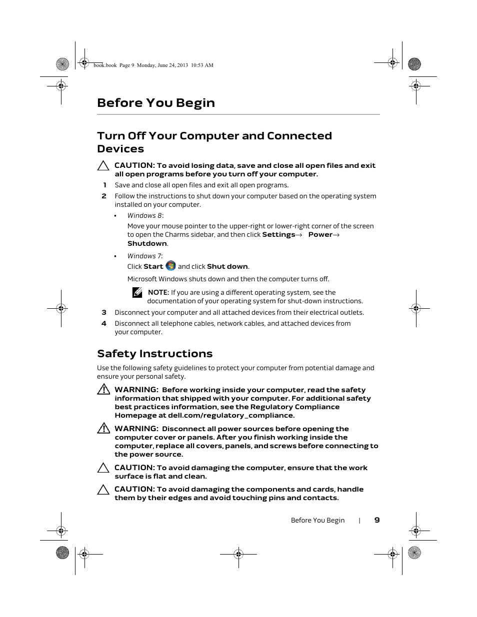 Before you begin, Turn off your computer and connected devices, Safety instructions | Dell Alienware 14 (Mid 2013) User Manual | Page 9 / 109