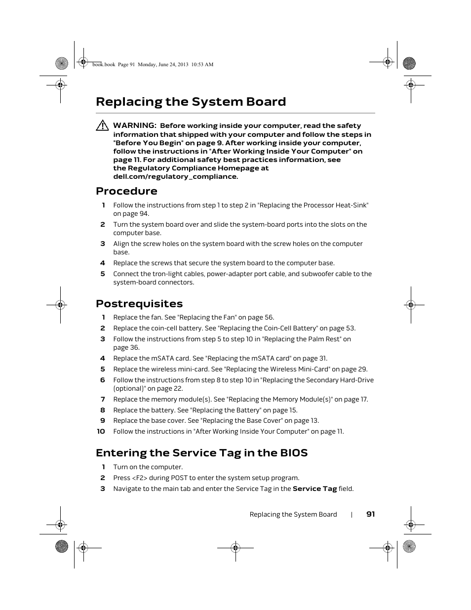 Replacing the system board, Procedure, Postrequisites | Entering the service tag in the bios | Dell Alienware 14 (Mid 2013) User Manual | Page 91 / 109