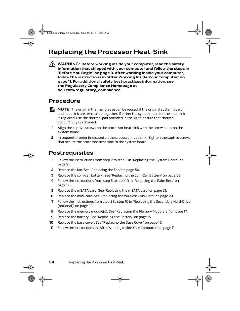 Replacing the processor heat-sink, Procedure, Postrequisites | Step 1 to step 2 | Dell Alienware 14 (Mid 2013) User Manual | Page 94 / 109