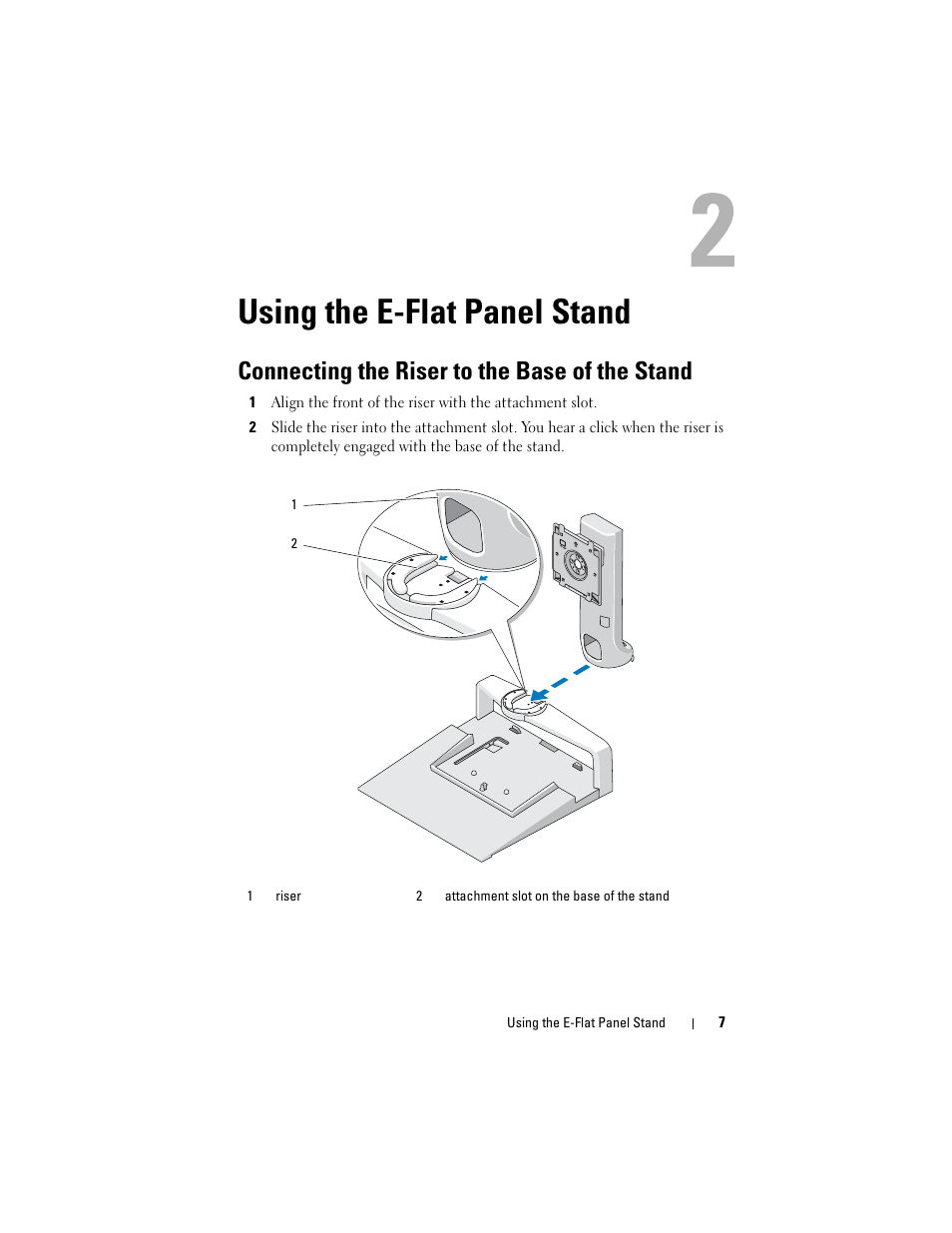 Using the e-flat panel stand, Connecting the riser to the base of the stand | Dell E-Flat Panel Stand User Manual | Page 7 / 22