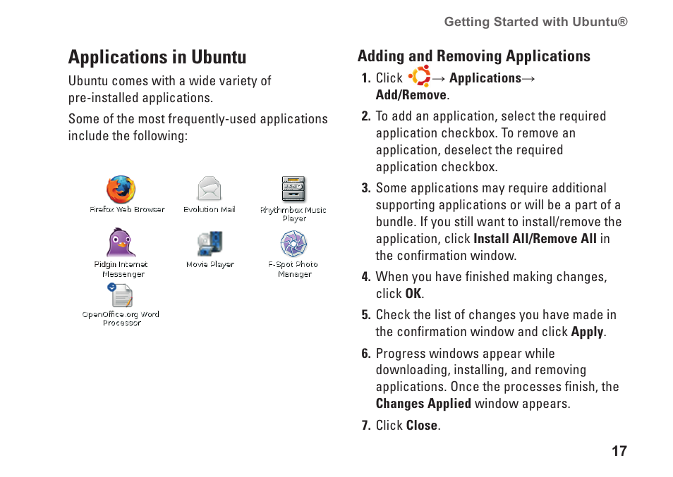 Applications in ubuntu, Adding and removing applications, Adding and removing applications     17 | Dell Vostro A90 (Late 2008) User Manual | Page 16 / 19