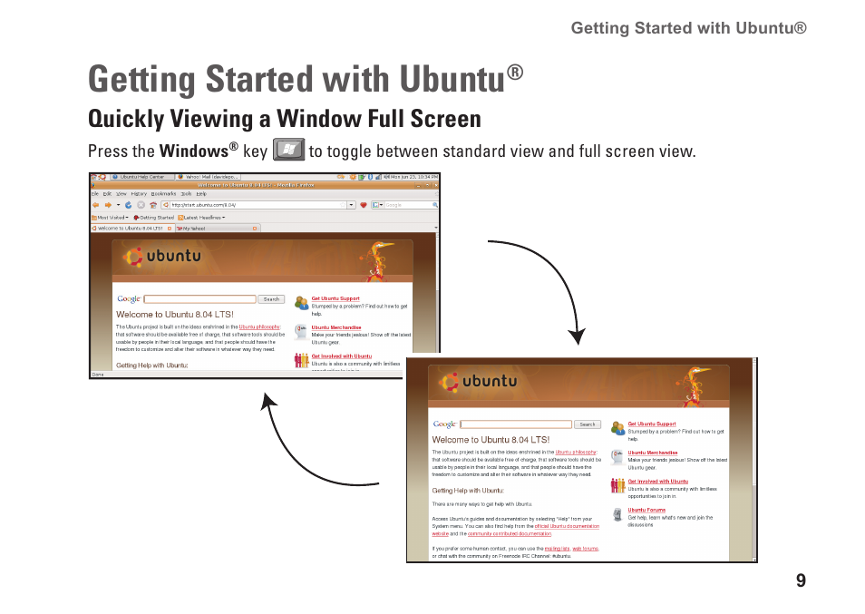 Getting started with ubuntu, Quickly viewing a window full screen, Quickly viewing a window full screen      9 | Dell Vostro A90 (Late 2008) User Manual | Page 8 / 19