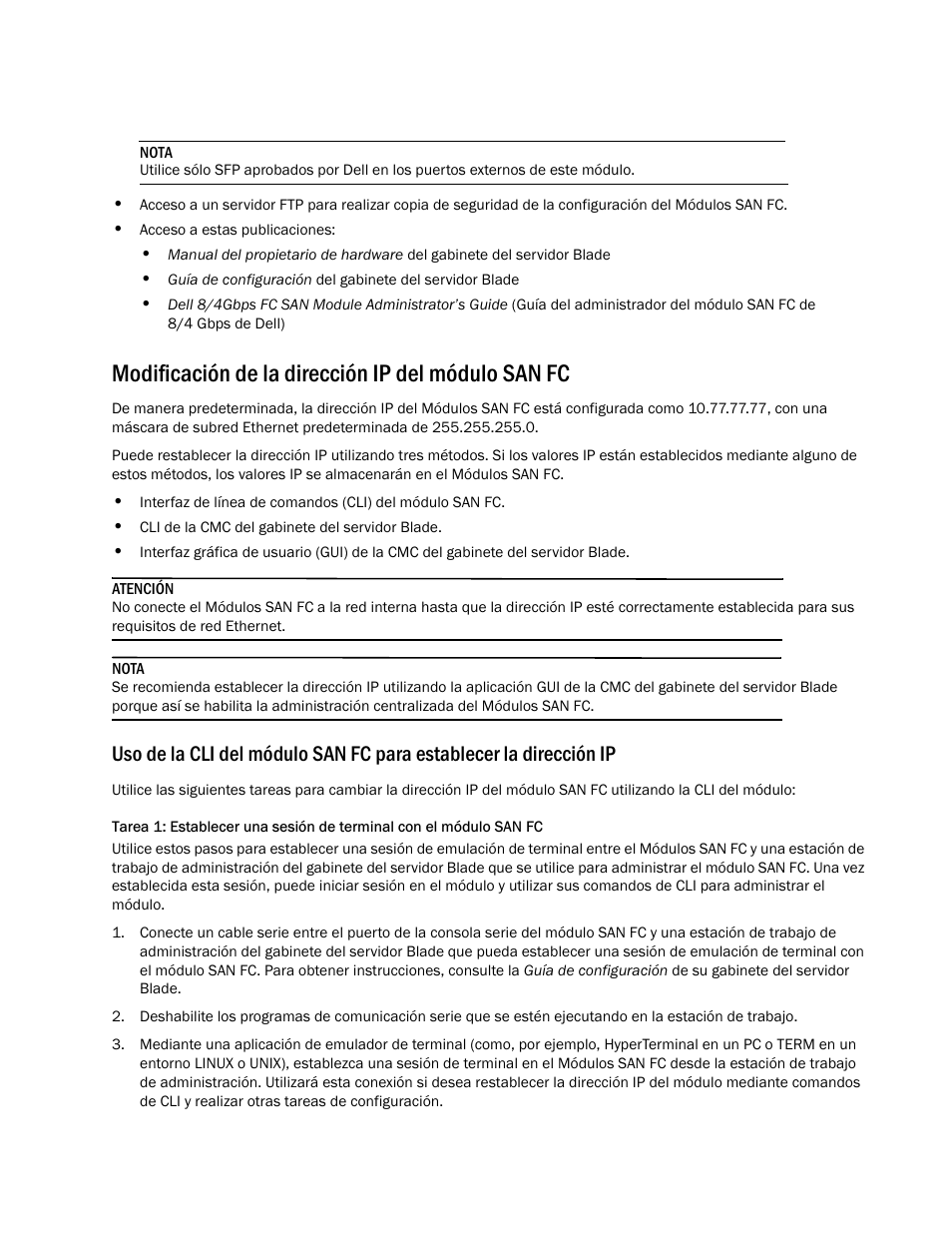 Modificación de la dirección ip del módulo san fc | Dell POWEREDGE M1000E User Manual | Page 101 / 138