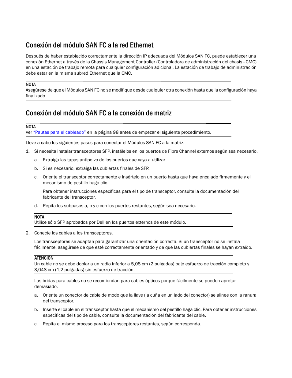 Conexión del módulo san fc a la red ethernet, Conexión del módulo san fc a la conexión de matriz | Dell POWEREDGE M1000E User Manual | Page 104 / 138