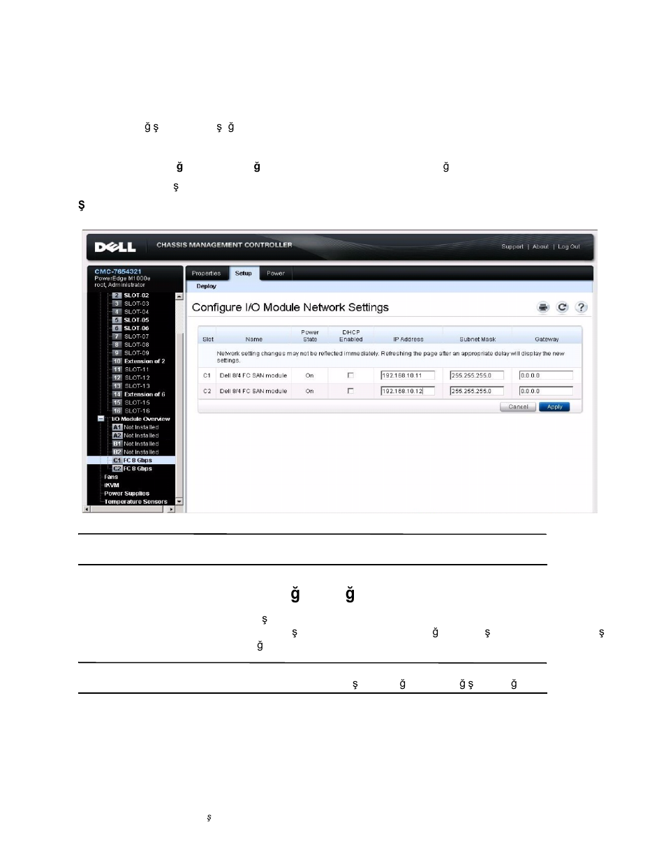 Ip adresini ayarlamak için cmc gui’yi kullanma, Fc san module’ü ethernet aðýna baðlama, Fc san module’ü ethernet a ğ ına ba ğ lama | Dell POWEREDGE M1000E User Manual | Page 115 / 138