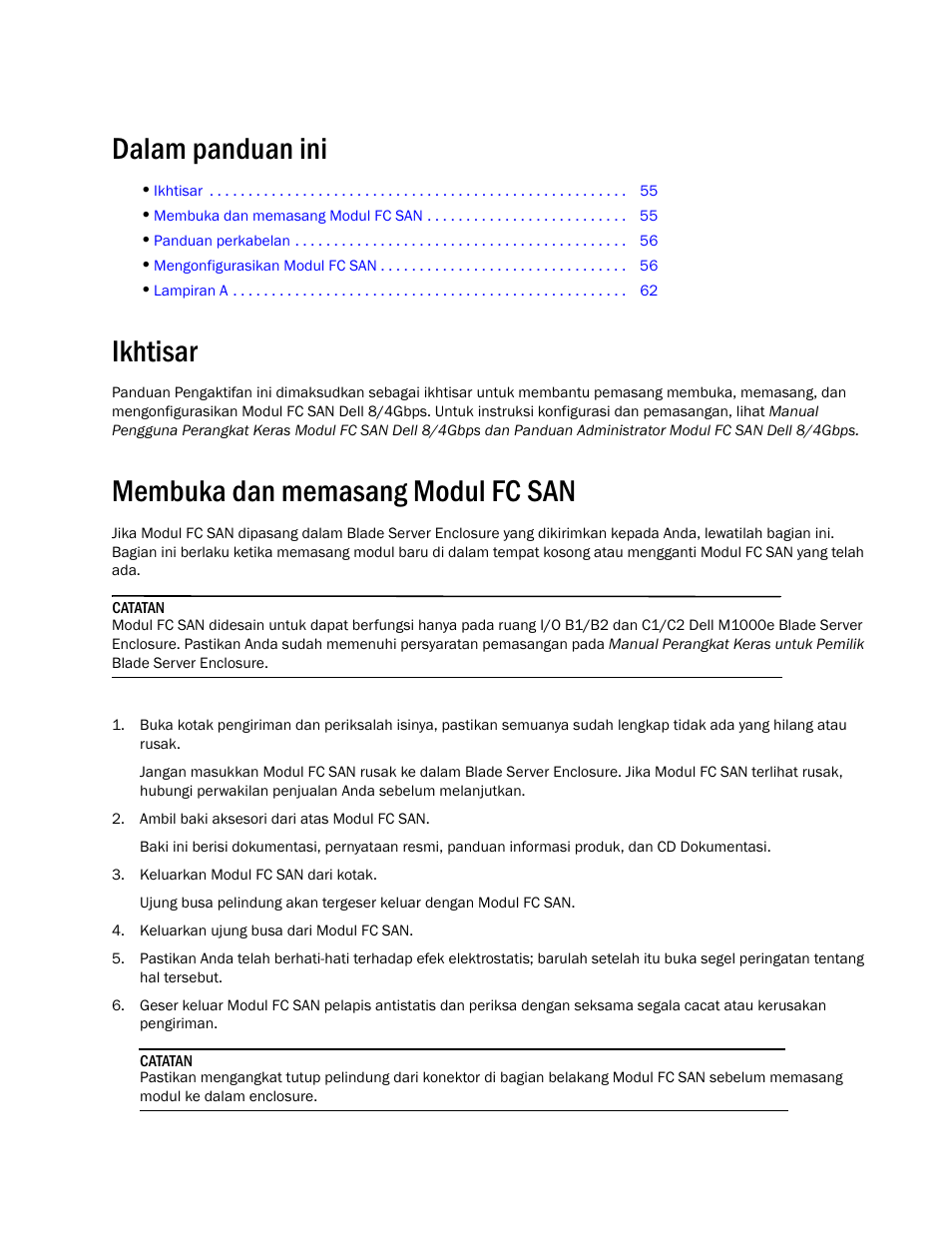 Dans ce guide, Présentation, Déballage et installation du module san fc | Dalam panduan ini, Ikhtisar, Membuka dan memasang modul fc san | Dell POWEREDGE M1000E User Manual | Page 35 / 138