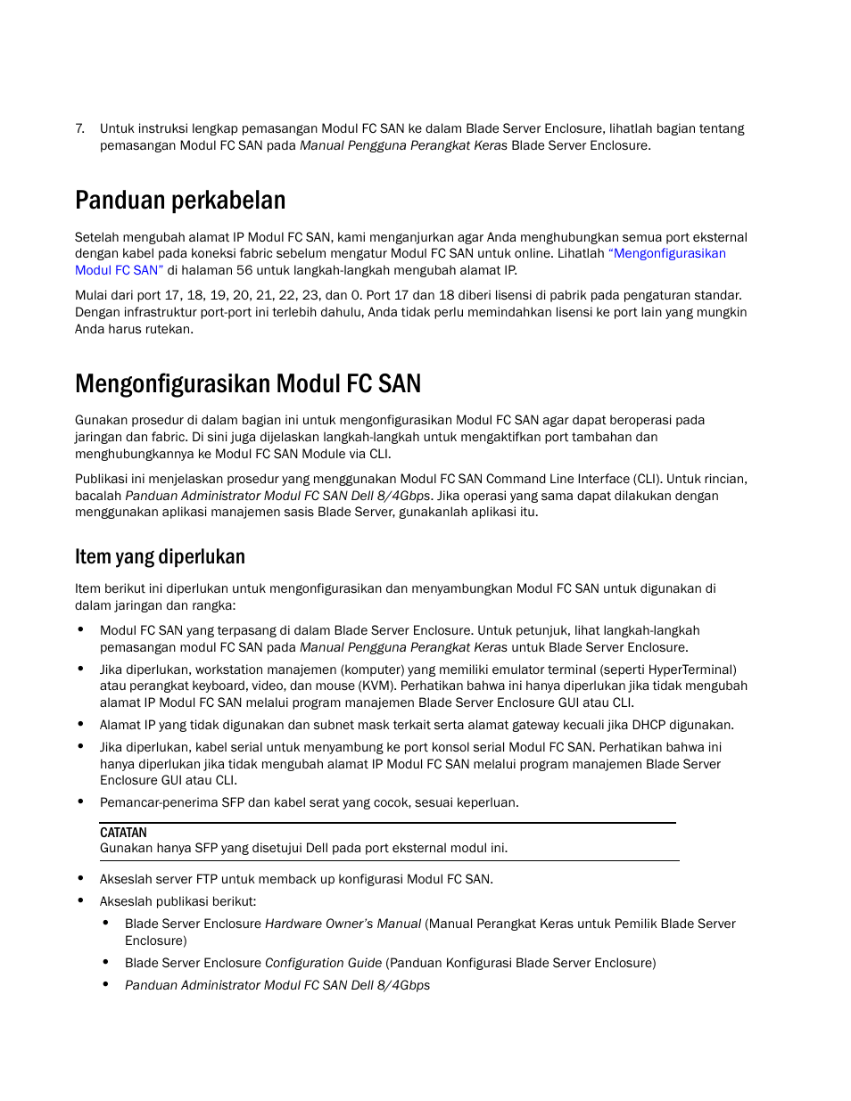 Consignes de câblage, Configuration du module san fc, Éléments requis | Panduan perkabelan, Mengonfigurasikan modul fc san, Item yang diperlukan | Dell POWEREDGE M1000E User Manual | Page 36 / 138