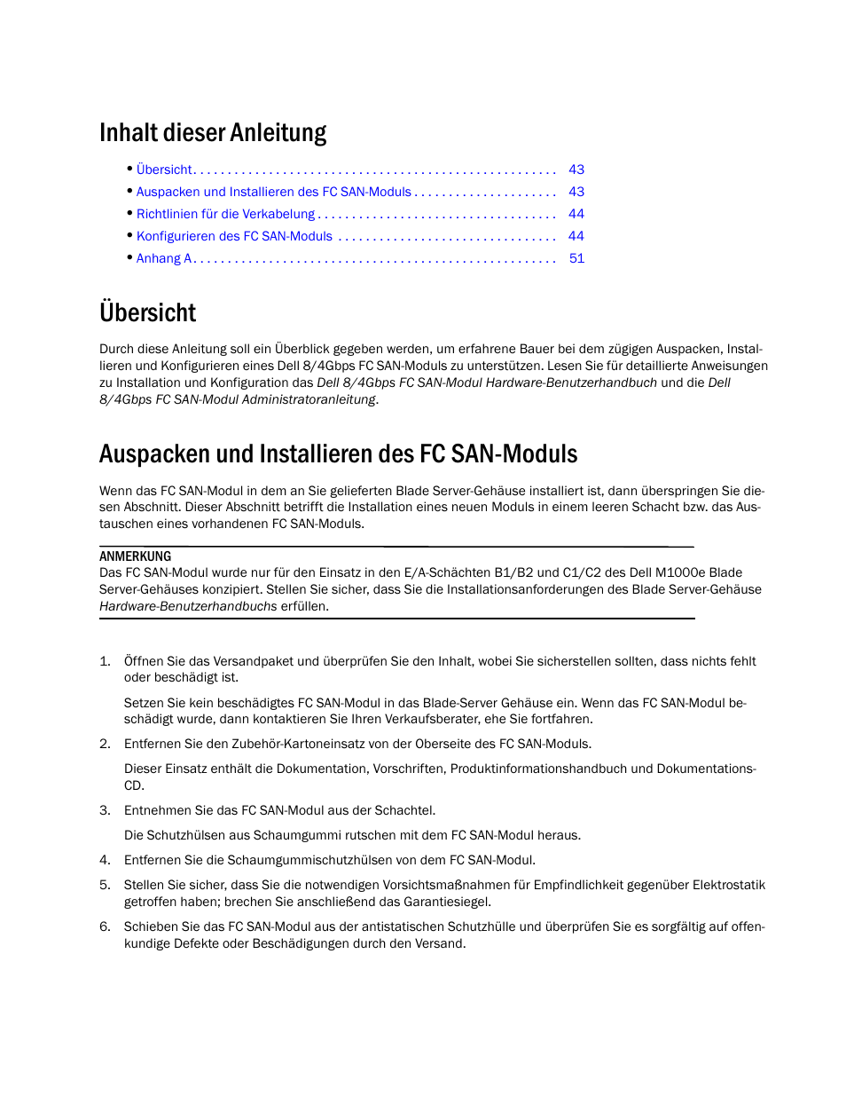 Inhalt dieser anleitung, Übersicht, Auspacken und installieren des fc san-moduls | Dell POWEREDGE M1000E User Manual | Page 45 / 138