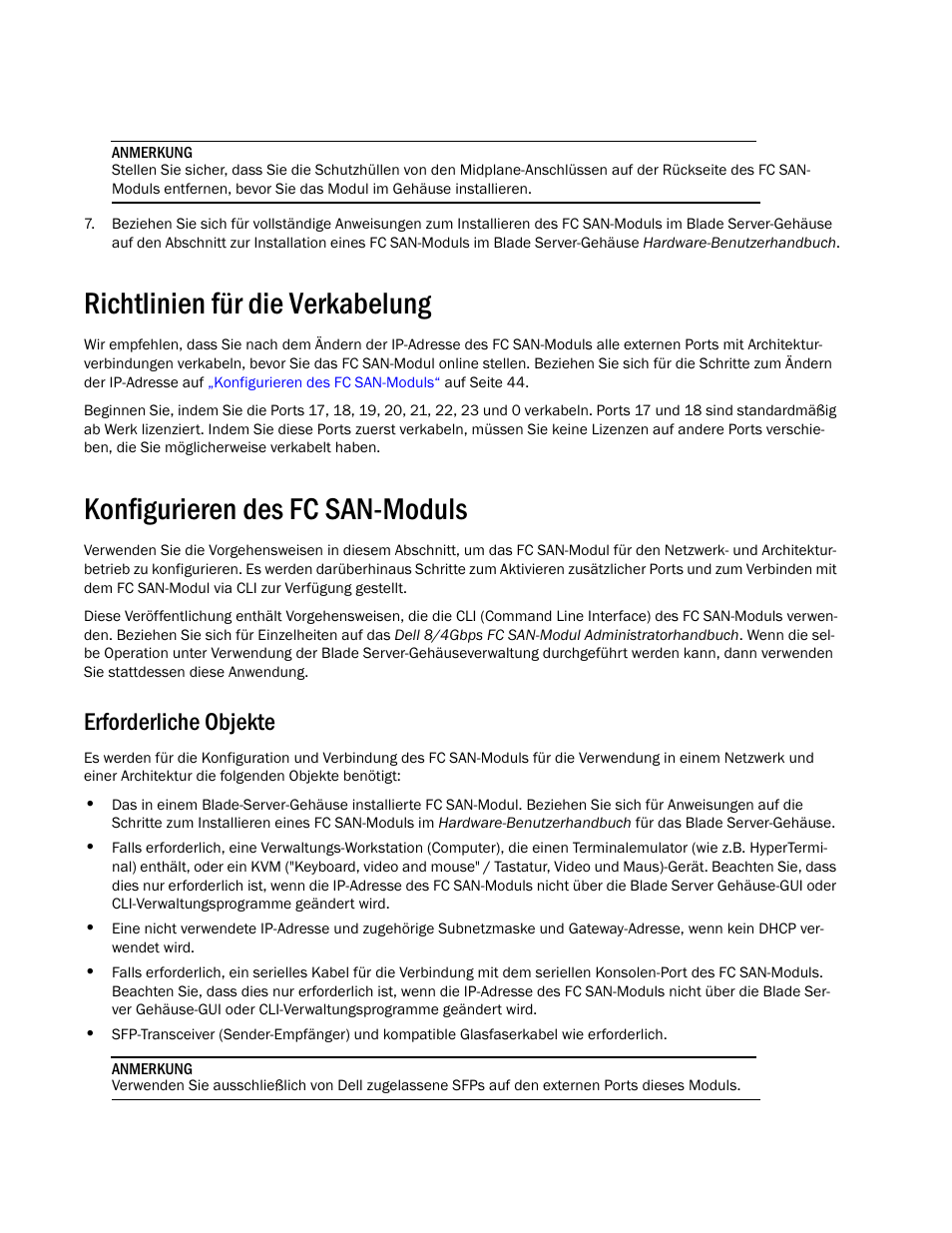 Richtlinien für die verkabelung, Konfigurieren des fc san-moduls, Erforderliche objekte | Dell POWEREDGE M1000E User Manual | Page 46 / 138