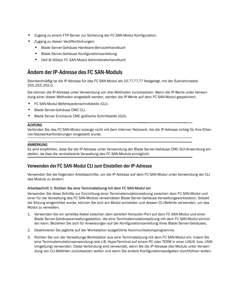 Ändern der ip-adresse des fc san-moduls | Dell POWEREDGE M1000E User Manual | Page 47 / 138