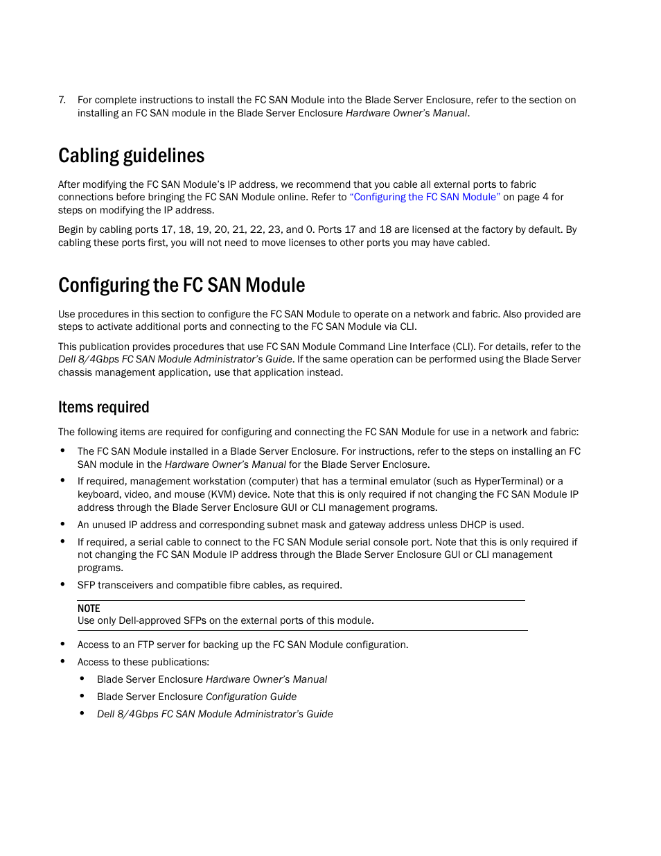 Cabling guidelines, Configuring the fc san module, Items required | Dell POWEREDGE M1000E User Manual | Page 6 / 138