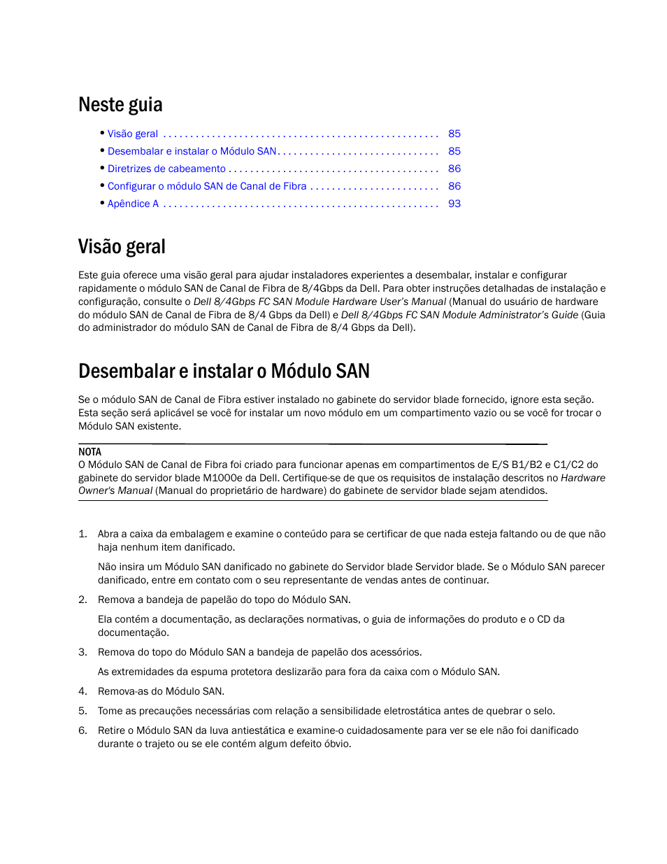 Neste guia, Visão geral, Desembalar e instalar o módulo san | Dell POWEREDGE M1000E User Manual | Page 87 / 138