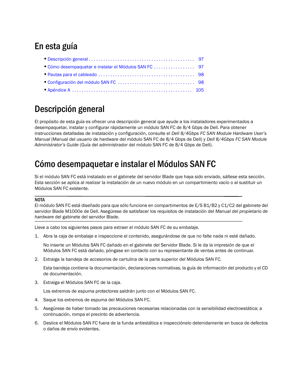 En esta guía, Descripción general, Cómo desempaquetar e instalar el módulos san fc | Dell POWEREDGE M1000E User Manual | Page 99 / 138