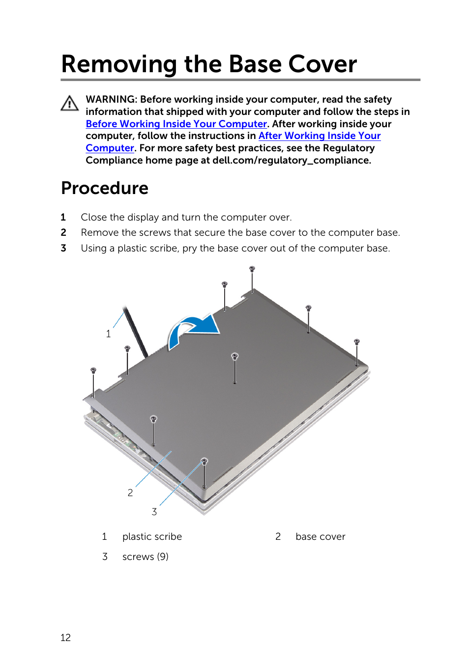Removing the base cover, Procedure | Dell Inspiron 11 3148 User Manual | Page 12 / 82