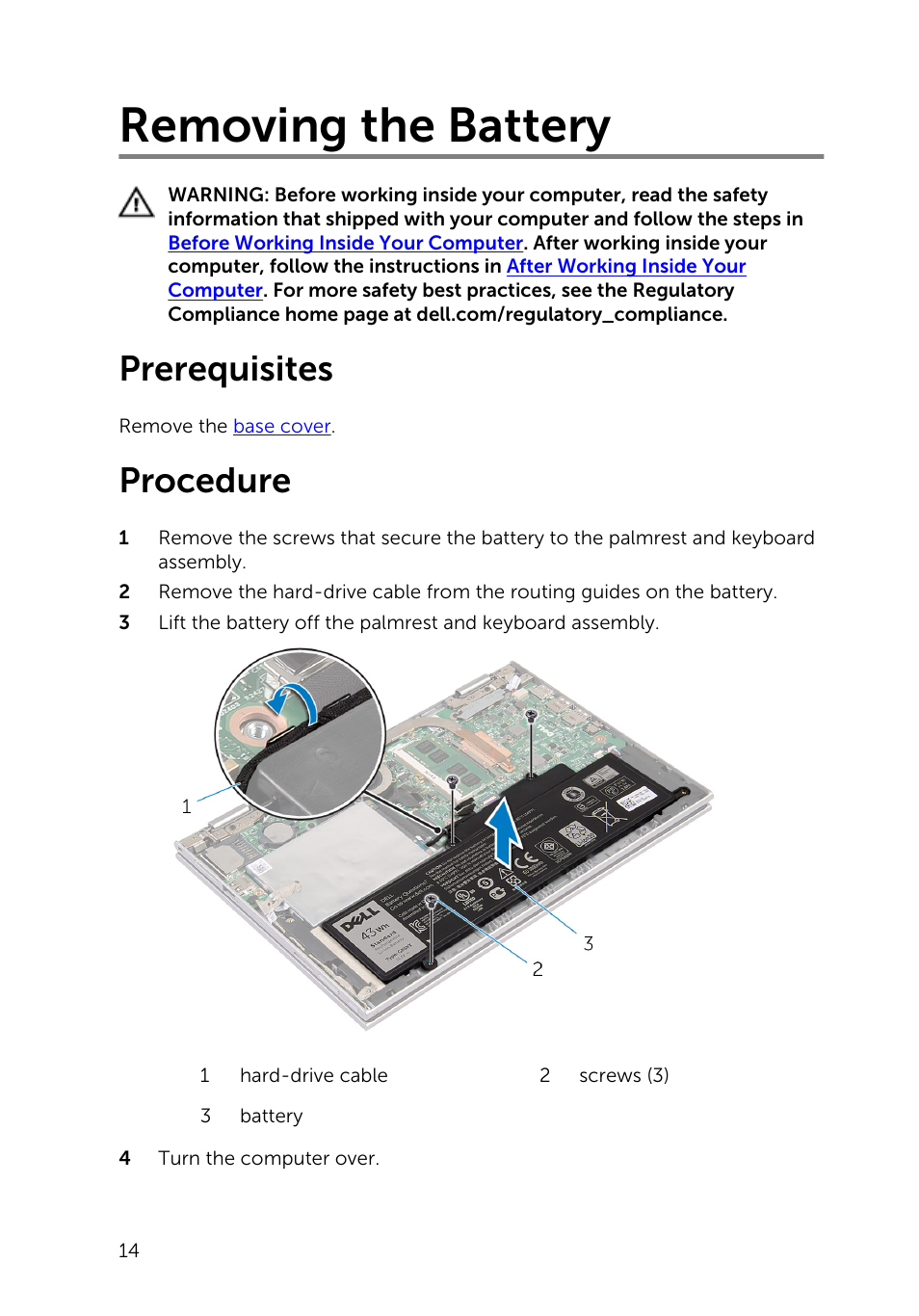 Removing the battery, Prerequisites, Procedure | Dell Inspiron 11 3148 User Manual | Page 14 / 82