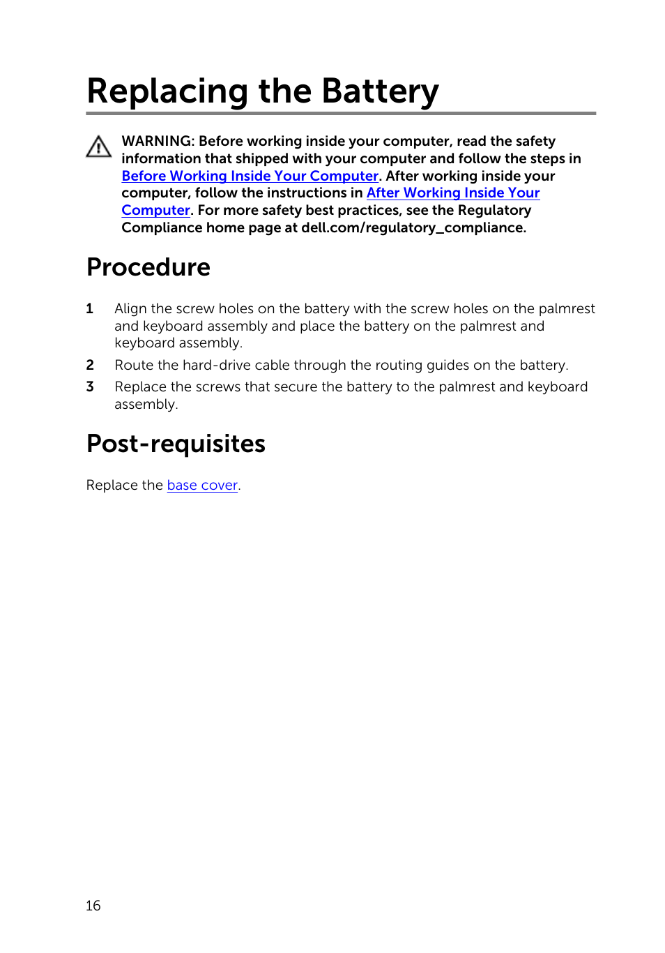 Replacing the battery, Procedure, Post-requisites | Dell Inspiron 11 3148 User Manual | Page 16 / 82