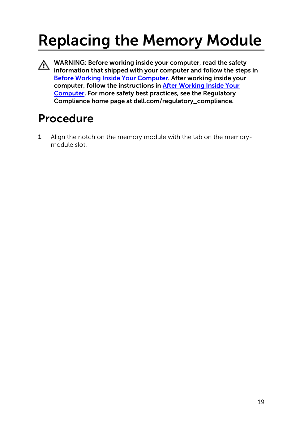 Replacing the memory module, Procedure | Dell Inspiron 11 3148 User Manual | Page 19 / 82