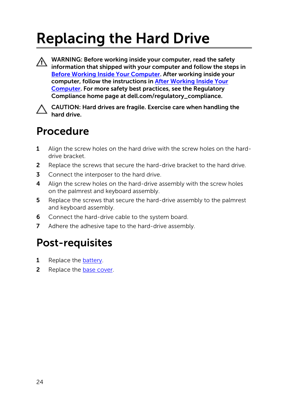 Replacing the hard drive, Procedure, Post-requisites | Dell Inspiron 11 3148 User Manual | Page 24 / 82