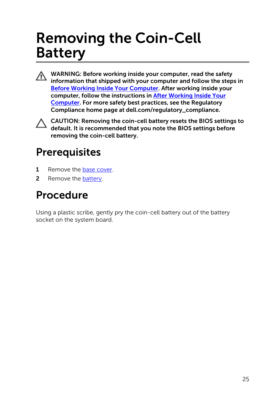 Removing the coin-cell battery, Prerequisites, Procedure | Dell Inspiron 11 3148 User Manual | Page 25 / 82