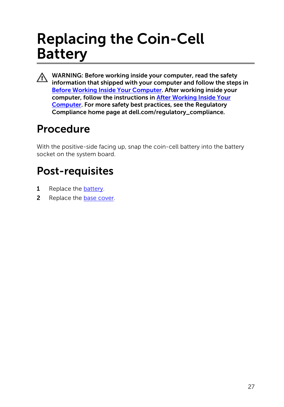 Replacing the coin-cell battery, Procedure, Post-requisites | Dell Inspiron 11 3148 User Manual | Page 27 / 82