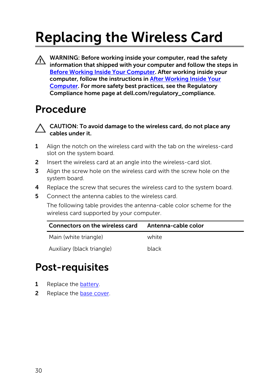 Replacing the wireless card, Procedure, Post-requisites | Dell Inspiron 11 3148 User Manual | Page 30 / 82