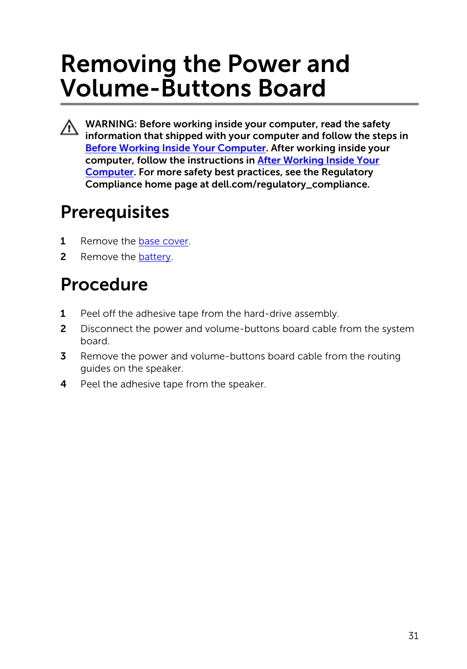 Removing the power and volume-buttons board, Prerequisites, Procedure | Dell Inspiron 11 3148 User Manual | Page 31 / 82