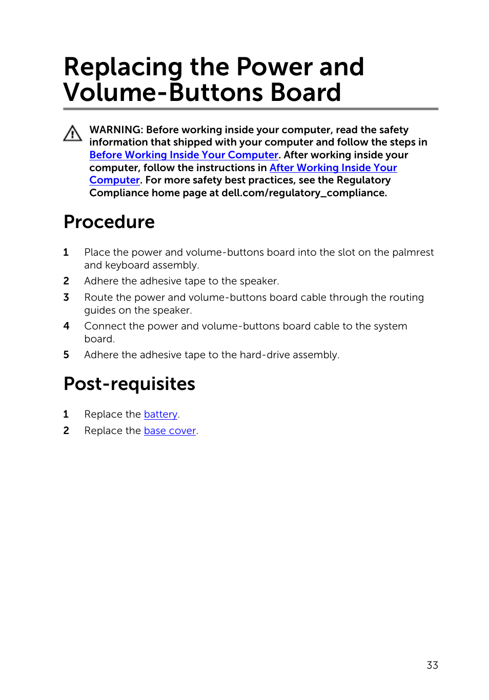Replacing the power and volume-buttons board, Procedure, Post-requisites | Dell Inspiron 11 3148 User Manual | Page 33 / 82