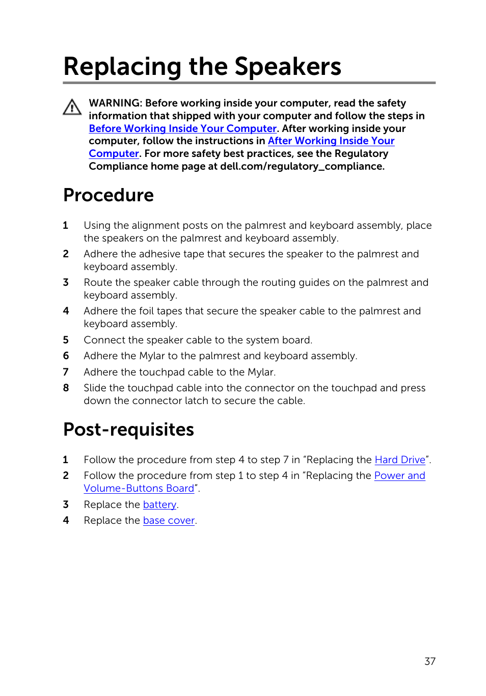 Replacing the speakers, Procedure, Post-requisites | Dell Inspiron 11 3148 User Manual | Page 37 / 82