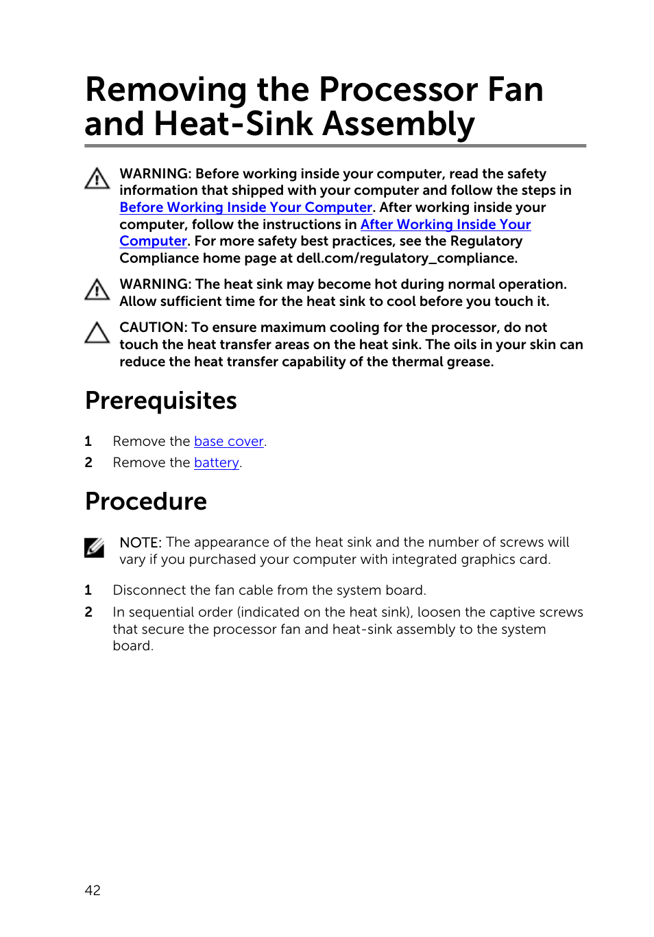 Removing the processor fan and heat-sink assembly, Prerequisites, Procedure | Dell Inspiron 11 3148 User Manual | Page 42 / 82