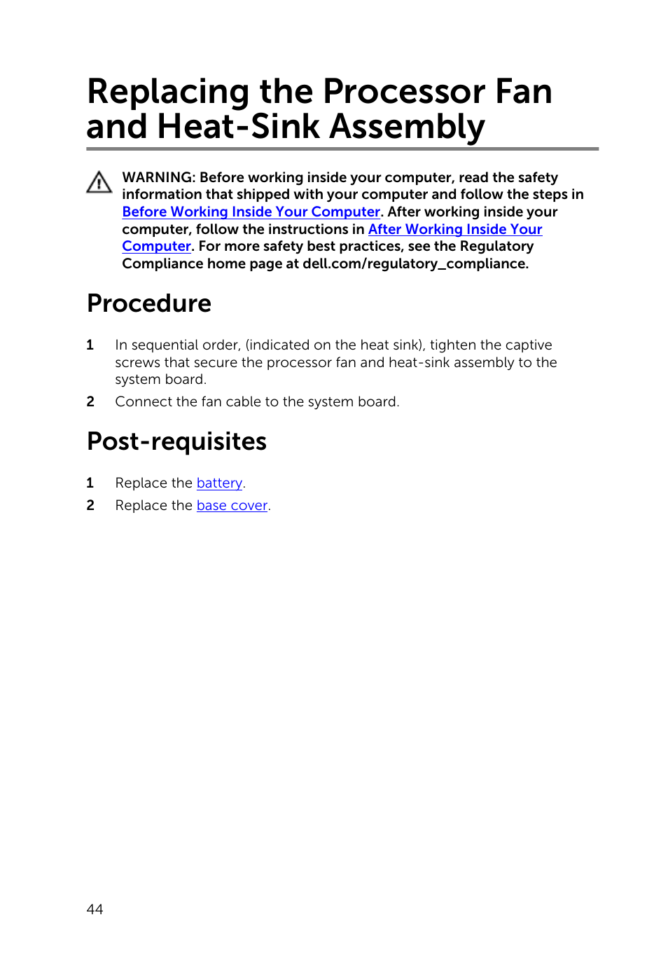 Replacing the processor fan and heat-sink assembly, Procedure, Post-requisites | Dell Inspiron 11 3148 User Manual | Page 44 / 82