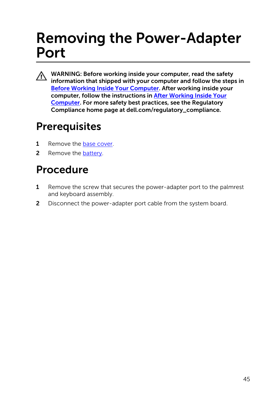 Removing the power-adapter port, Prerequisites, Procedure | Dell Inspiron 11 3148 User Manual | Page 45 / 82