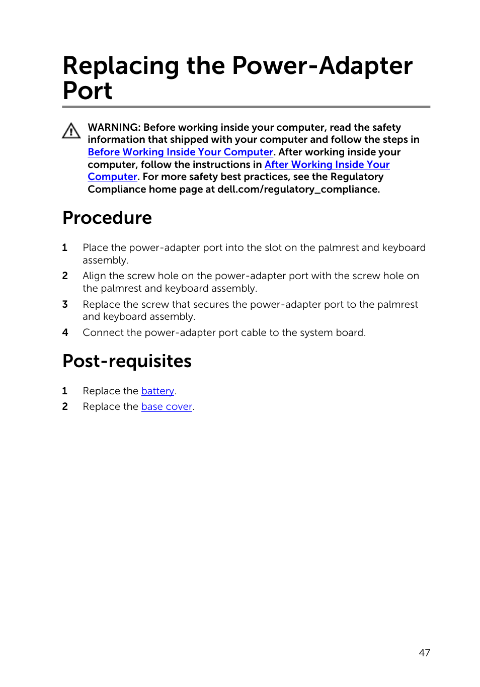Replacing the power-adapter port, Procedure, Post-requisites | Dell Inspiron 11 3148 User Manual | Page 47 / 82