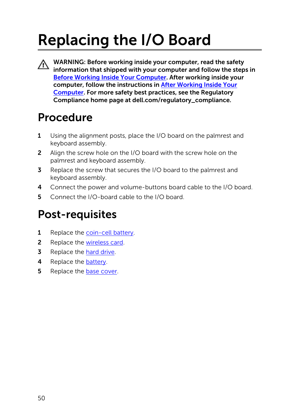 Replacing the i/o board, Procedure, Post-requisites | Dell Inspiron 11 3148 User Manual | Page 50 / 82