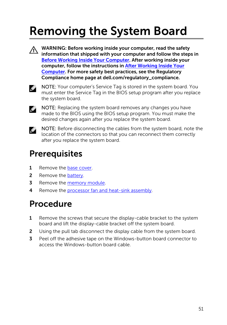 Removing the system board, Prerequisites, Procedure | Dell Inspiron 11 3148 User Manual | Page 51 / 82