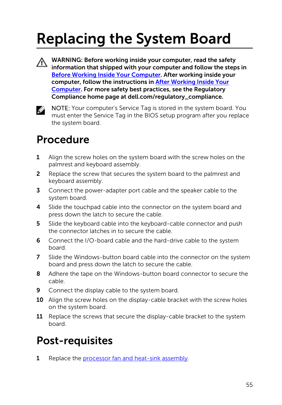 Replacing the system board, Procedure, Post-requisites | Dell Inspiron 11 3148 User Manual | Page 55 / 82