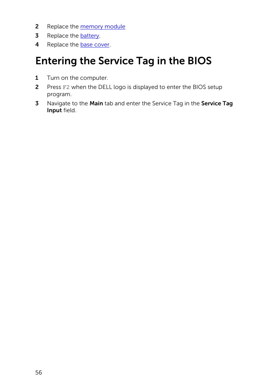 Entering the service tag in the bios | Dell Inspiron 11 3148 User Manual | Page 56 / 82