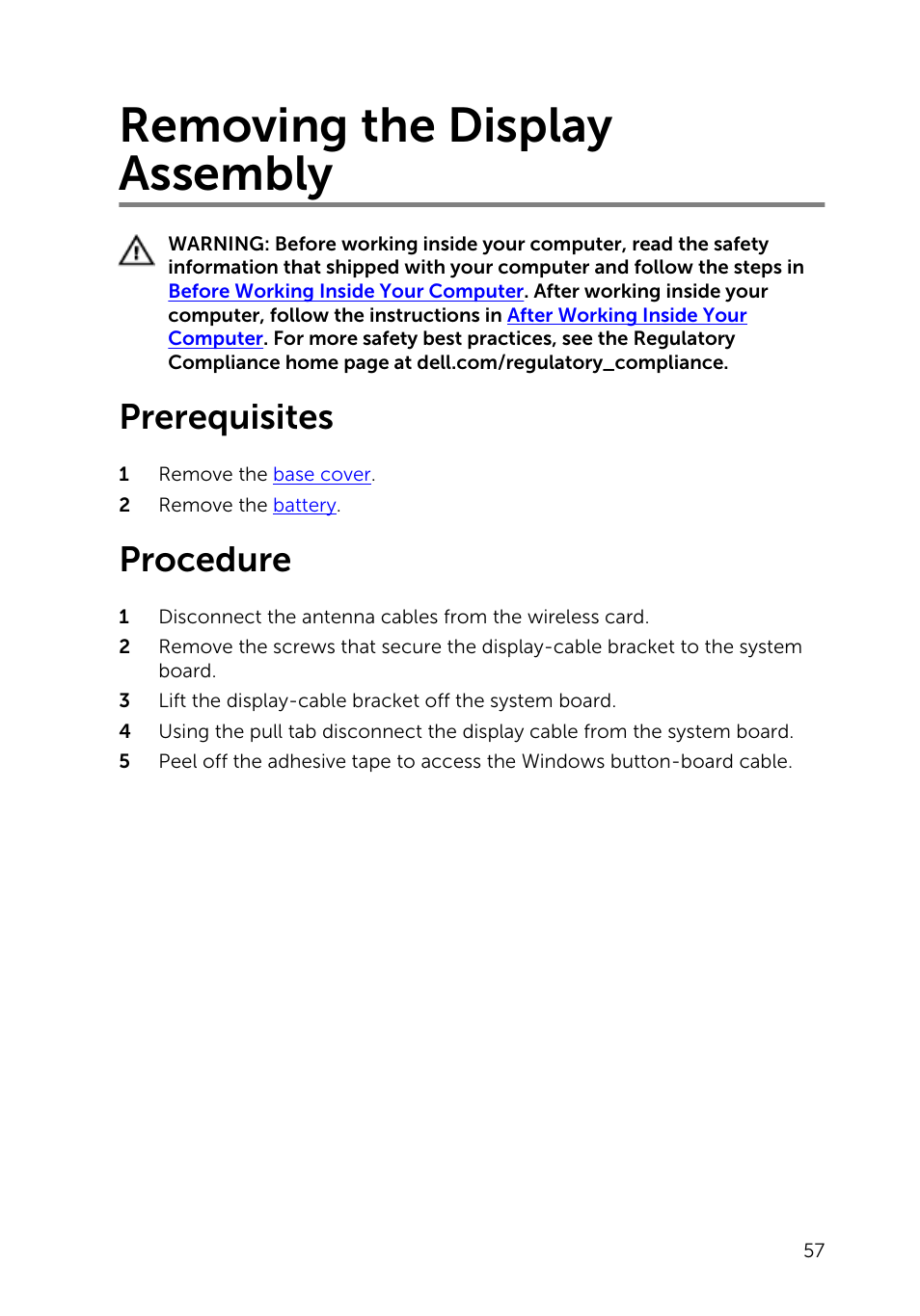 Removing the display assembly, Prerequisites, Procedure | Dell Inspiron 11 3148 User Manual | Page 57 / 82