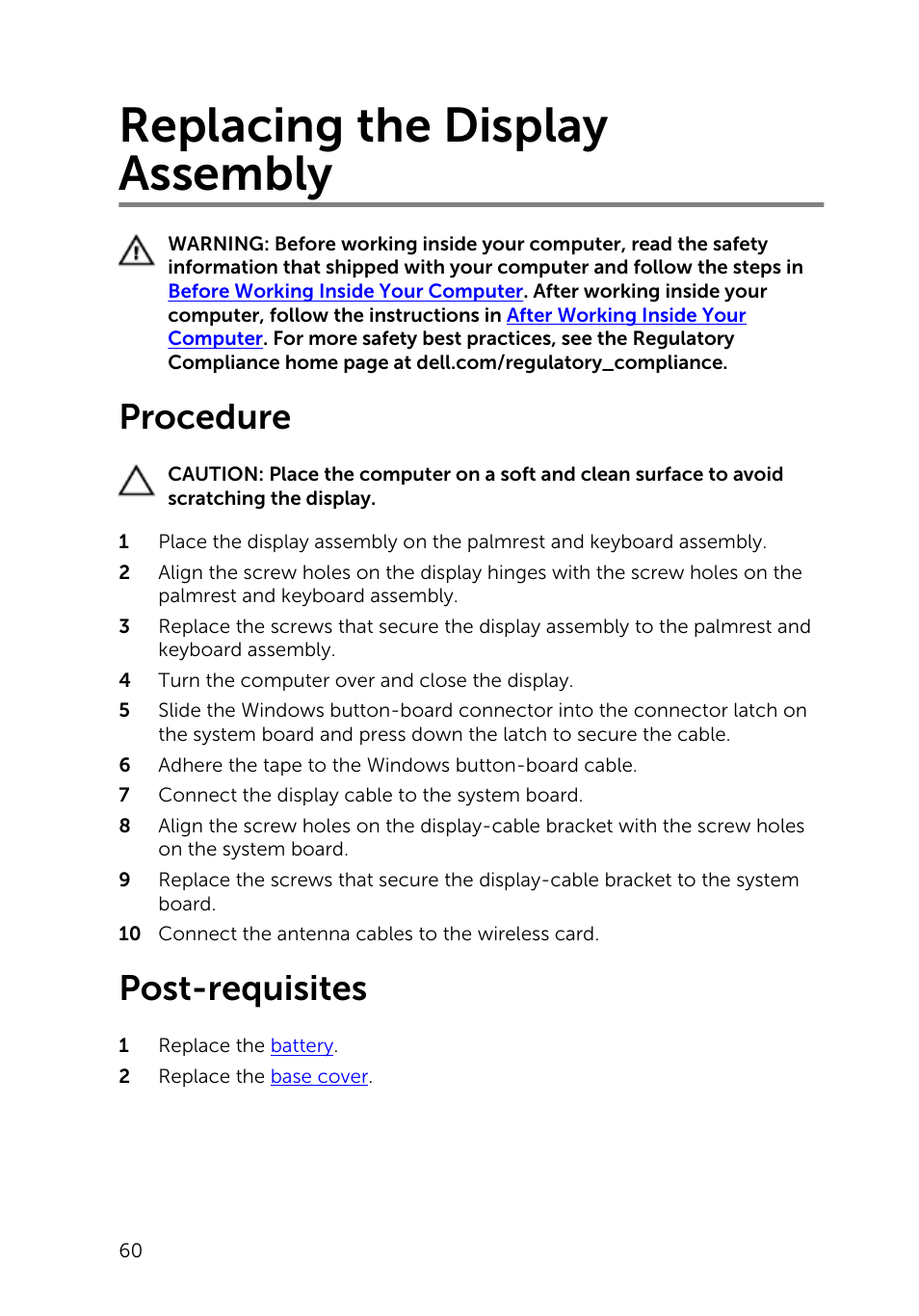 Replacing the display assembly, Procedure, Post-requisites | Dell Inspiron 11 3148 User Manual | Page 60 / 82