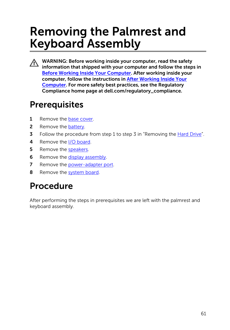 Removing the palmrest and keyboard assembly, Prerequisites, Procedure | Dell Inspiron 11 3148 User Manual | Page 61 / 82