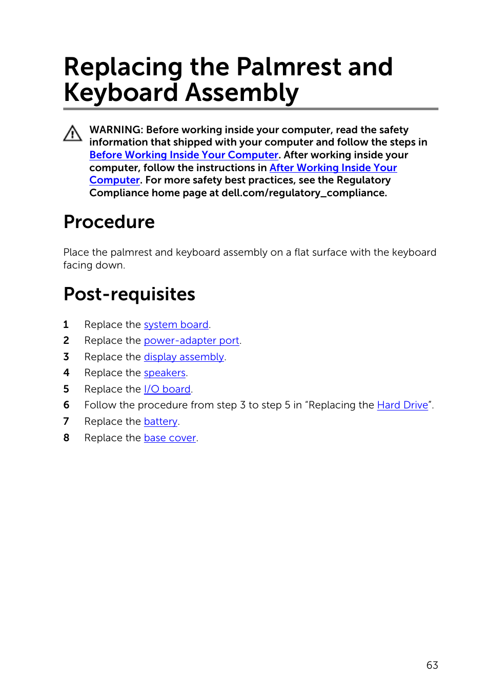 Replacing the palmrest and keyboard assembly, Procedure, Post-requisites | Dell Inspiron 11 3148 User Manual | Page 63 / 82