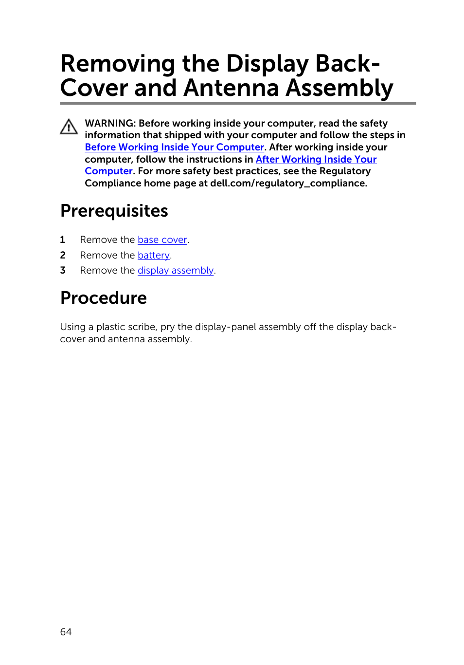 Prerequisites, Procedure, Removing the display back-cover and antenna | Assembly | Dell Inspiron 11 3148 User Manual | Page 64 / 82