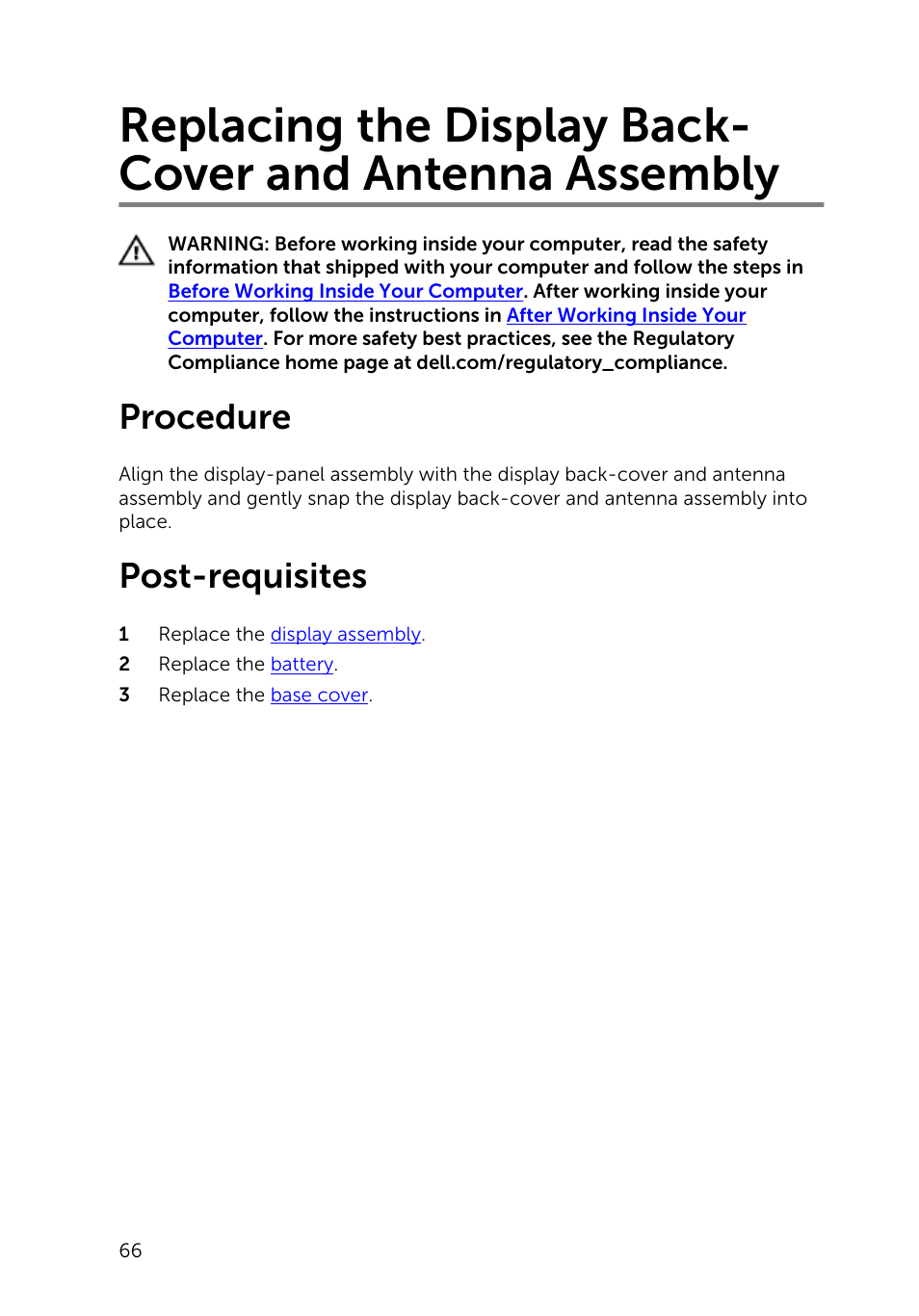 Procedure, Post-requisites, Replacing the display back-cover and antenna | Assembly | Dell Inspiron 11 3148 User Manual | Page 66 / 82