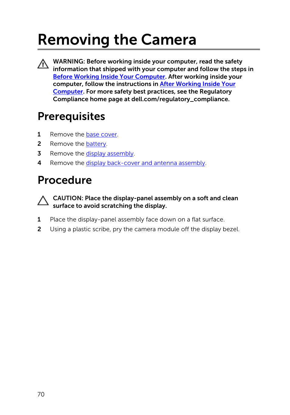 Removing the camera, Prerequisites, Procedure | Dell Inspiron 11 3148 User Manual | Page 70 / 82