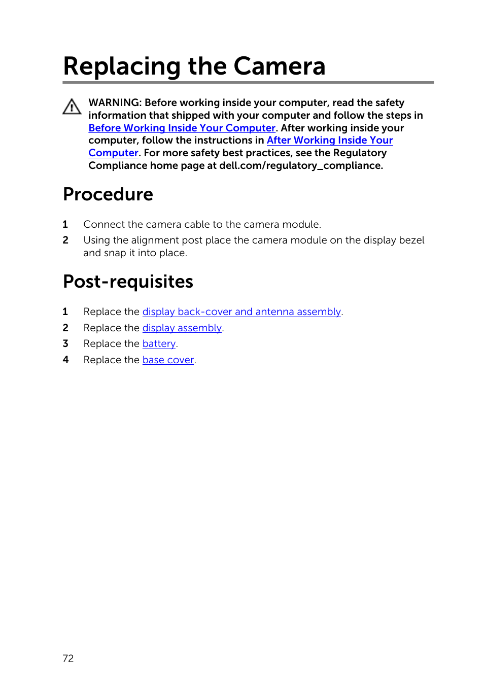 Replacing the camera, Procedure, Post-requisites | Dell Inspiron 11 3148 User Manual | Page 72 / 82