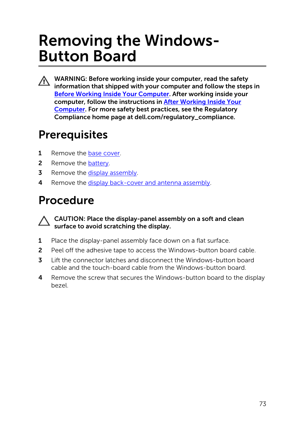 Removing the windows-button board, Prerequisites, Procedure | Removing the windows- button board | Dell Inspiron 11 3148 User Manual | Page 73 / 82