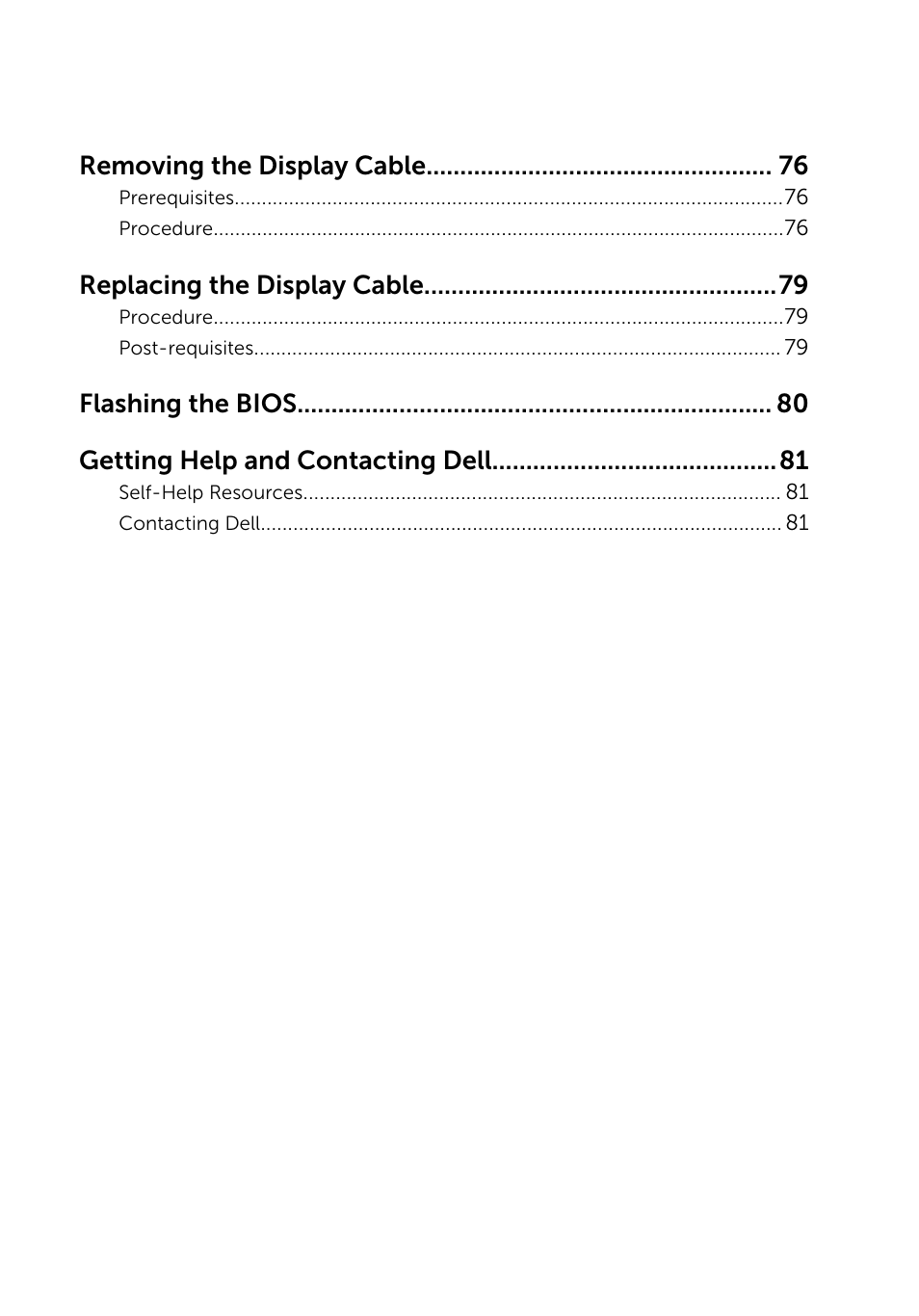 Removing the display cable, Replacing the display cable, Flashing the bios getting help and contacting dell | Dell Inspiron 11 3148 User Manual | Page 8 / 82