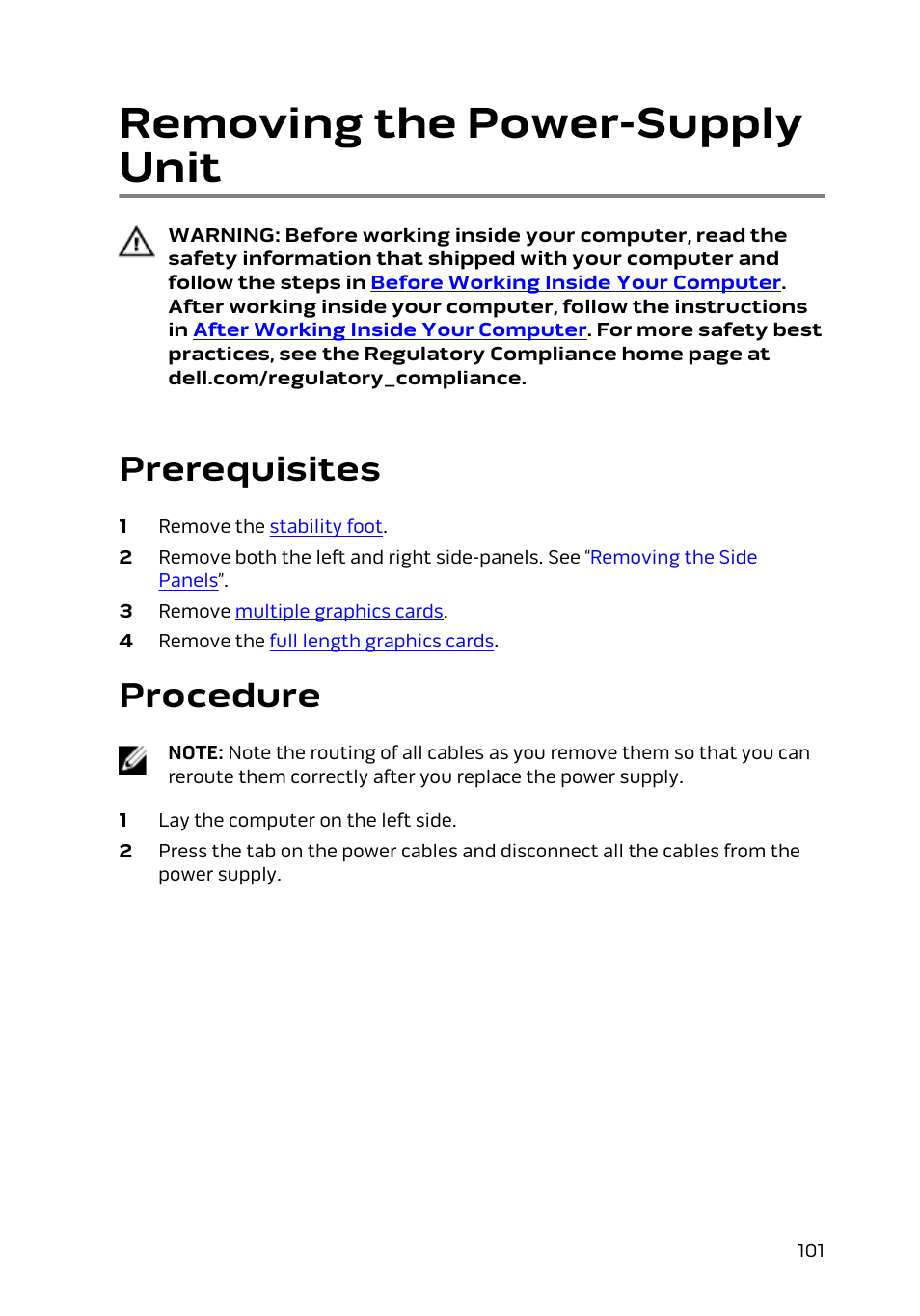 Removing the power-supply unit, Prerequisites, Procedure | Dell Alienware Area 51 R2 (Late 2014) User Manual | Page 101 / 133