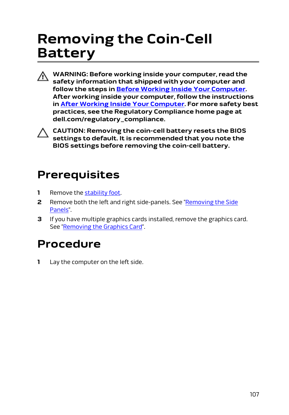 Removing the coin-cell battery, Prerequisites, Procedure | Dell Alienware Area 51 R2 (Late 2014) User Manual | Page 107 / 133