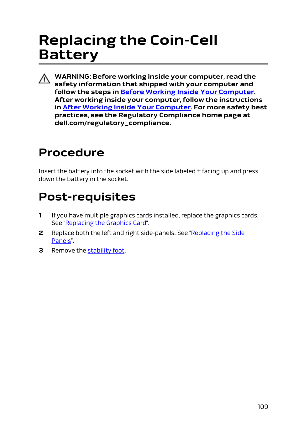 Replacing the coin-cell battery, Procedure, Post-requisites | Dell Alienware Area 51 R2 (Late 2014) User Manual | Page 109 / 133
